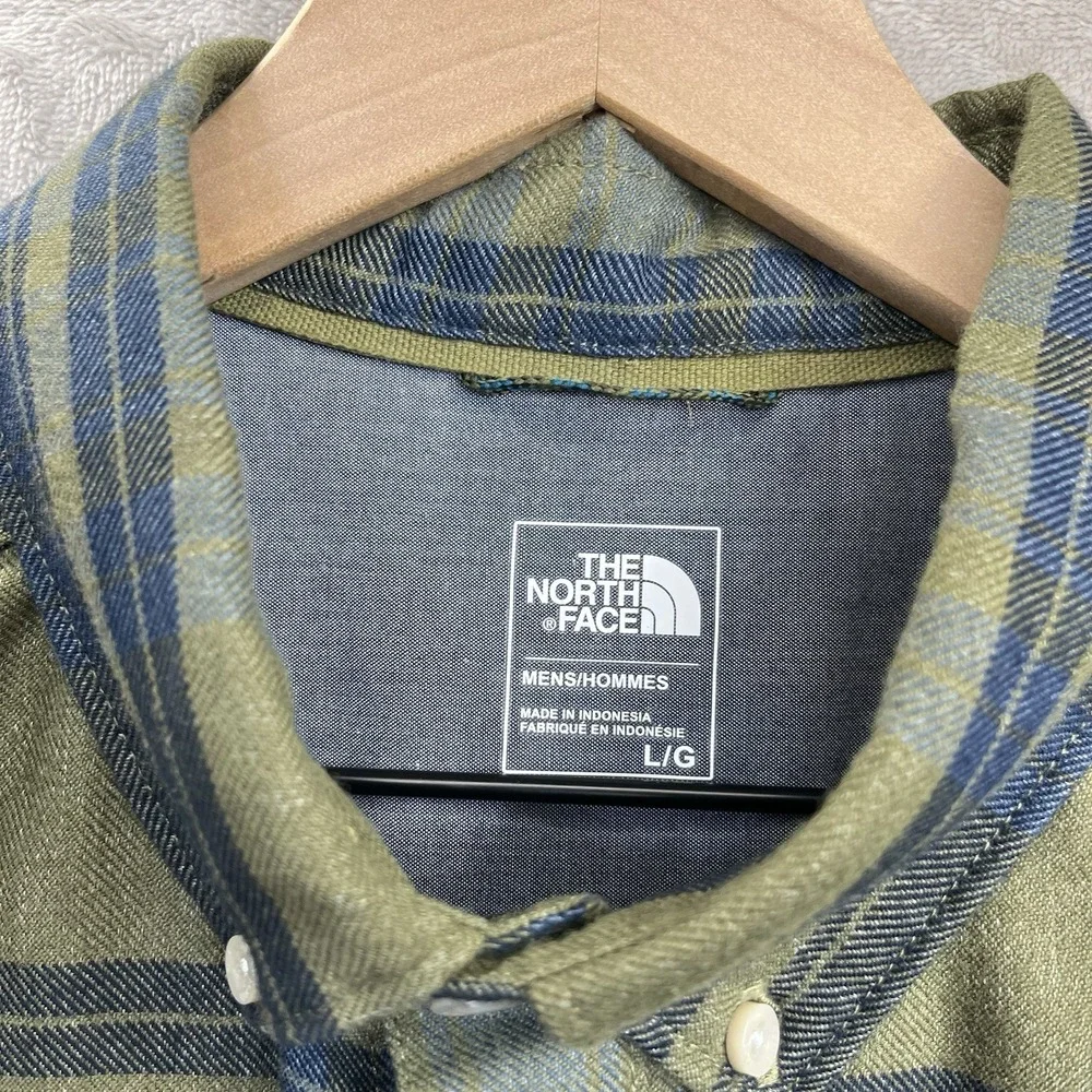 The North Face Mens L Long Sleeve Plaid Flannel Button Down Shirt Olive Green